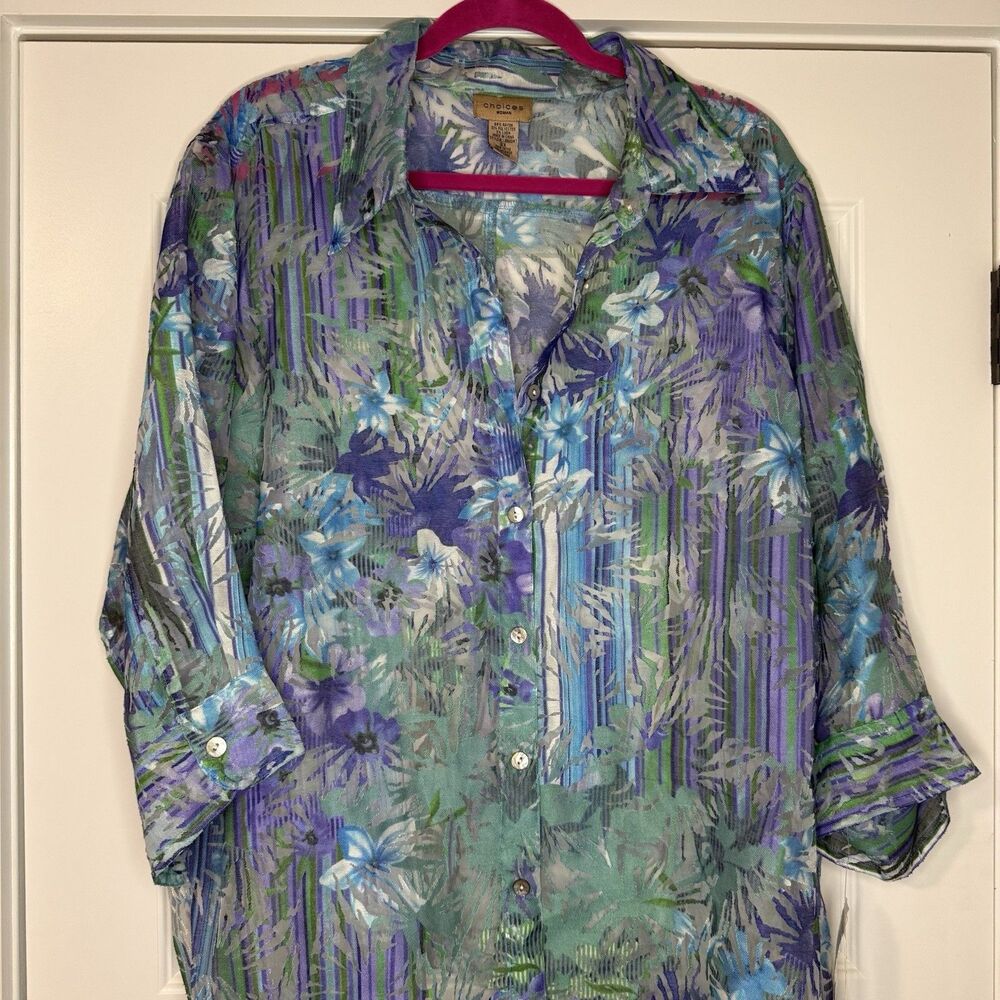 NWT CHOICES LADIES SEE THRU 3/4 SLEEVE BUTTON DOWN FLORAL TOP 2X ($44)